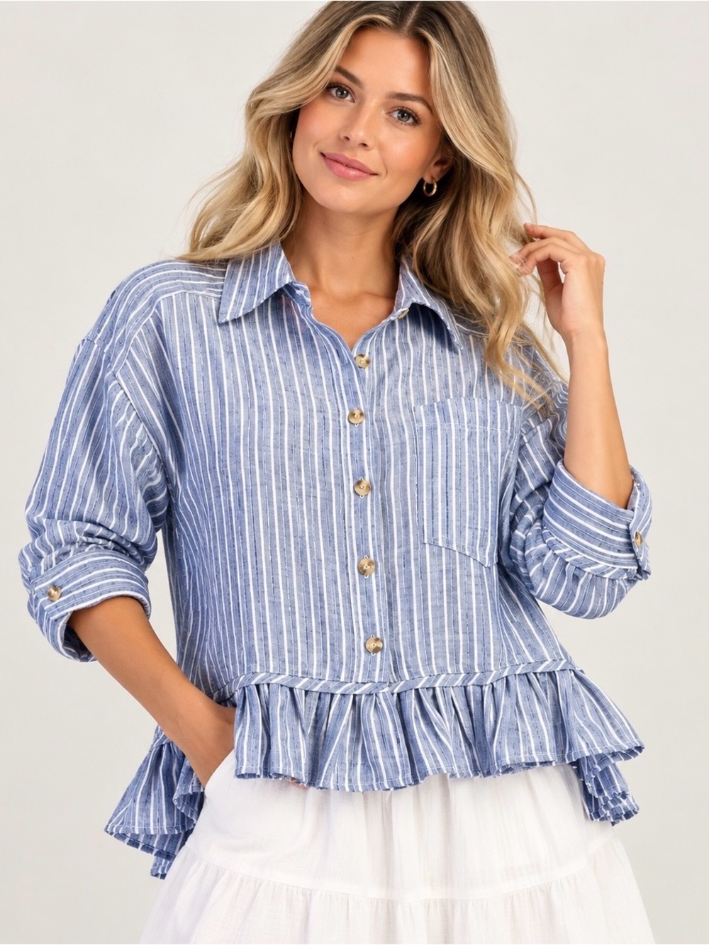 eesome Striped Blue Ruffle Hem Button-Front Women’s Top S m L